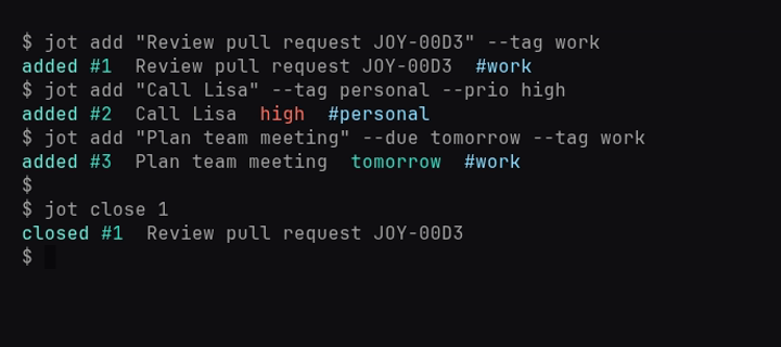 two jot add commands: one for a work pull request review tagged work, one for calling Lisa tagged personal with high priority