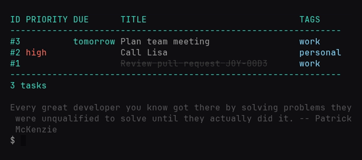 jyn ls output showing three tasks with id, priority, due date, title, and tags columns